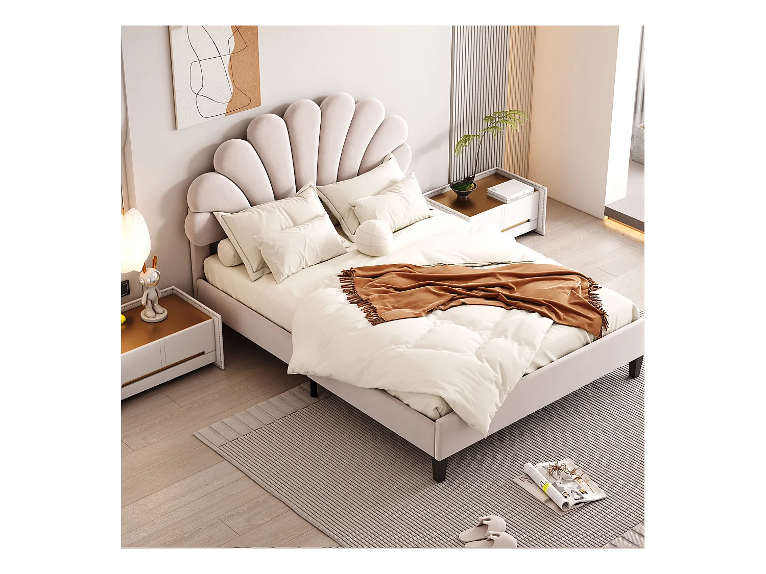 Lit rembourré 140x200 cm tête en forme de fleurs, sommier inclus, velours beige, adulte ou junior