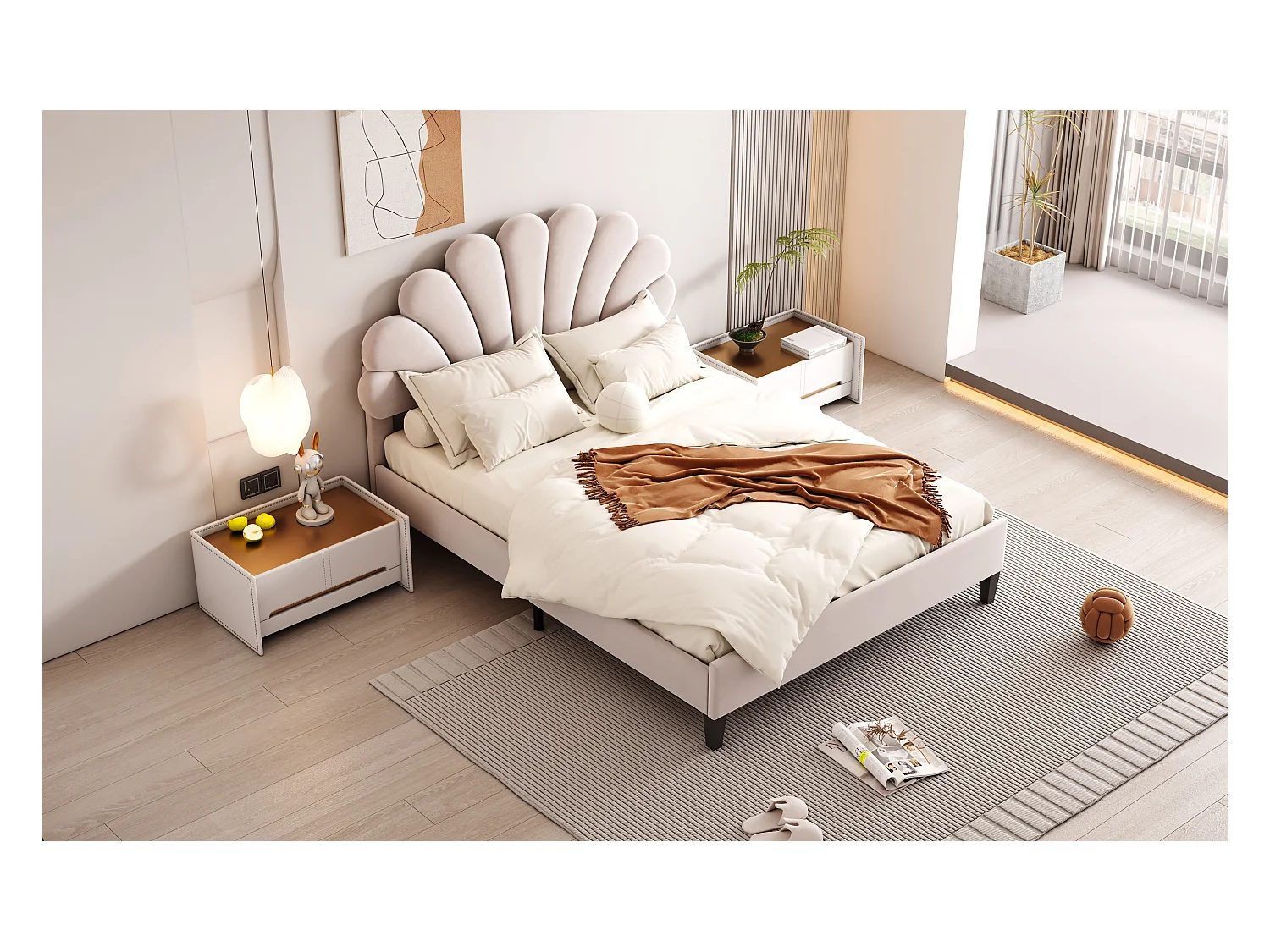 Lit rembourré 140x200 cm tête en forme de fleurs, sommier inclus, velours beige, adulte ou junior