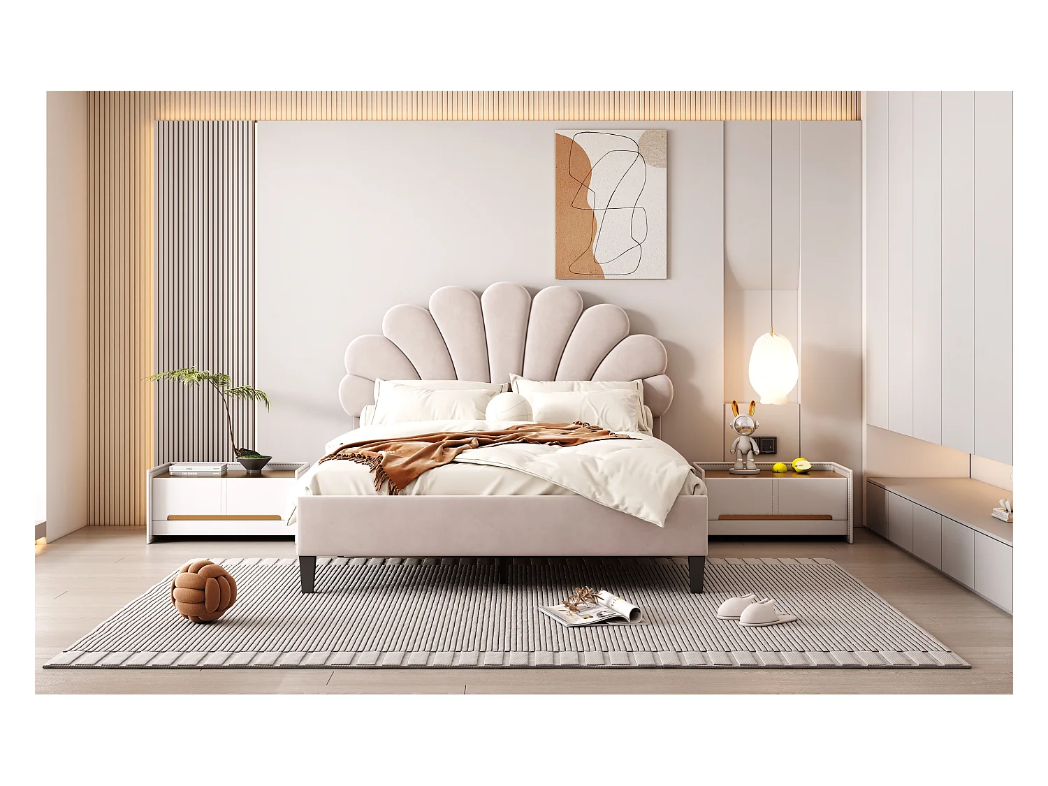 Lit rembourré 140x200 cm tête en forme de fleurs, sommier inclus, velours beige, adulte ou junior