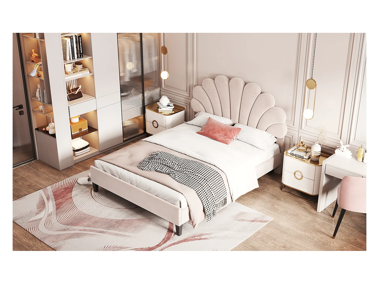 Lit rembourré 140x200 cm tête en forme de fleurs, sommier inclus, velours beige, adulte ou junior