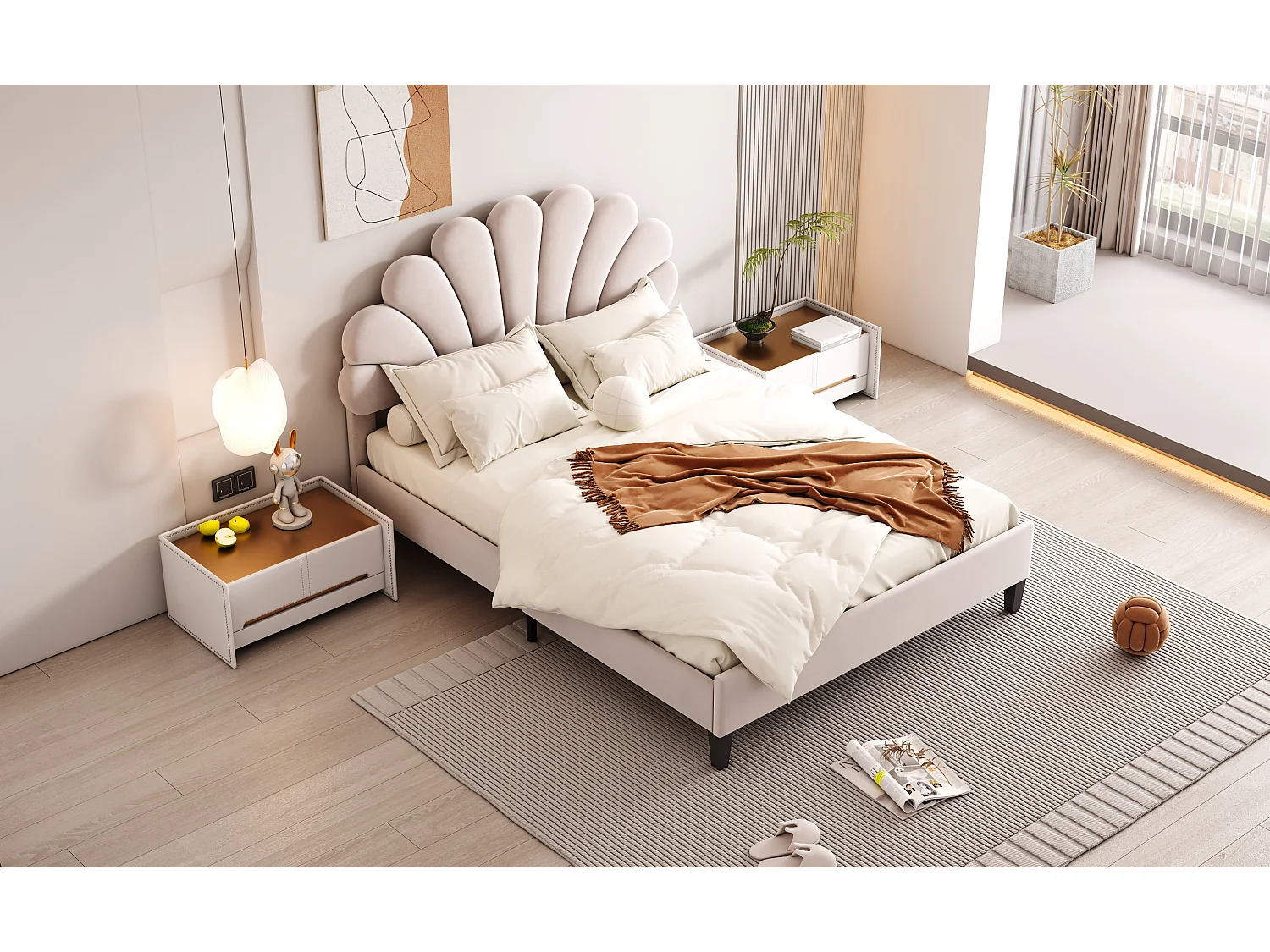 Lit rembourré 140x200 cm tête en forme de fleurs, sommier inclus, velours beige, adulte ou junior