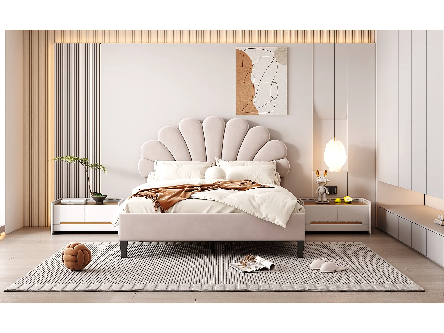 Lit rembourré 140x200 cm tête en forme de fleurs, sommier inclus, velours beige, adulte ou junior