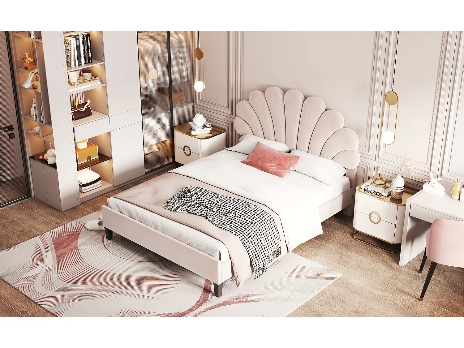 Lit rembourré 140x200 cm tête en forme de fleurs, sommier inclus, velours beige, adulte ou junior