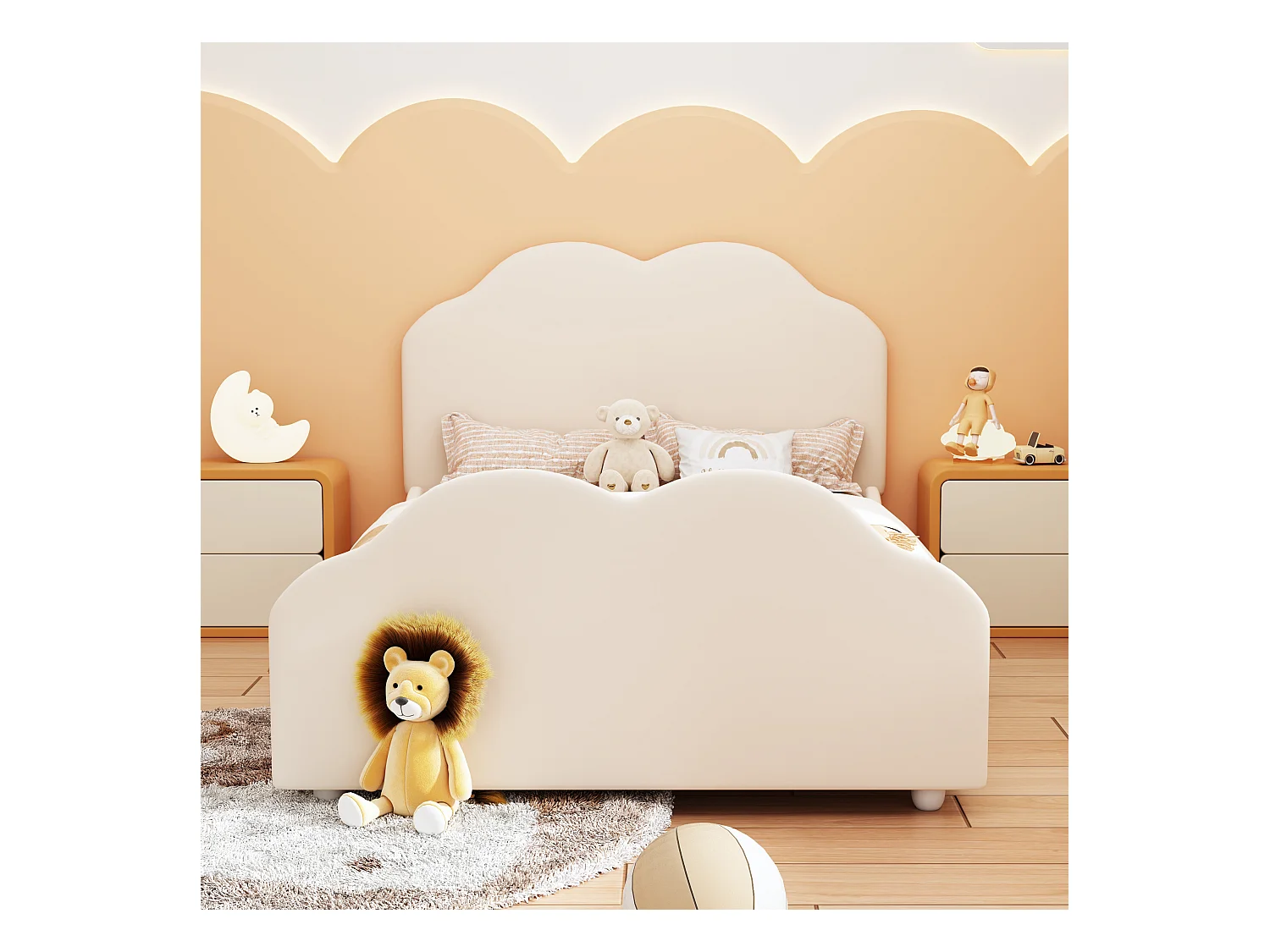 Lit rembourré 90x200 cm avec barrières hautes, tête et pied nuage, velours beige, lit enfant sécurisé