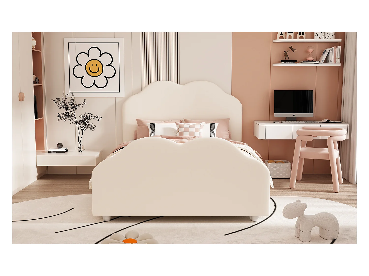 Lit rembourré 90x200 cm avec barrières hautes, tête et pied nuage, velours beige, lit enfant sécurisé