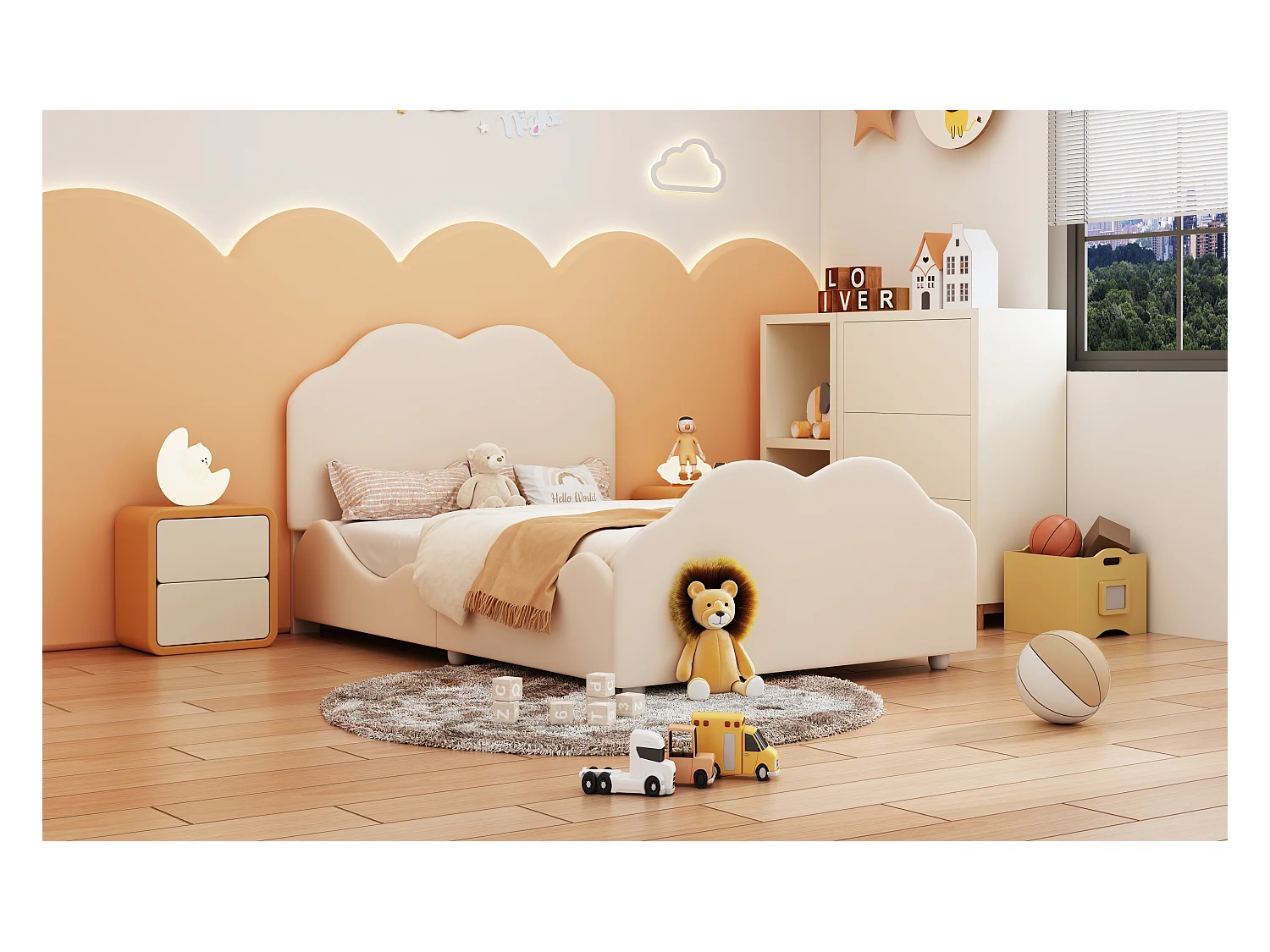 Lit rembourré 90x200 cm avec barrières hautes, tête et pied nuage, velours beige, lit enfant sécurisé