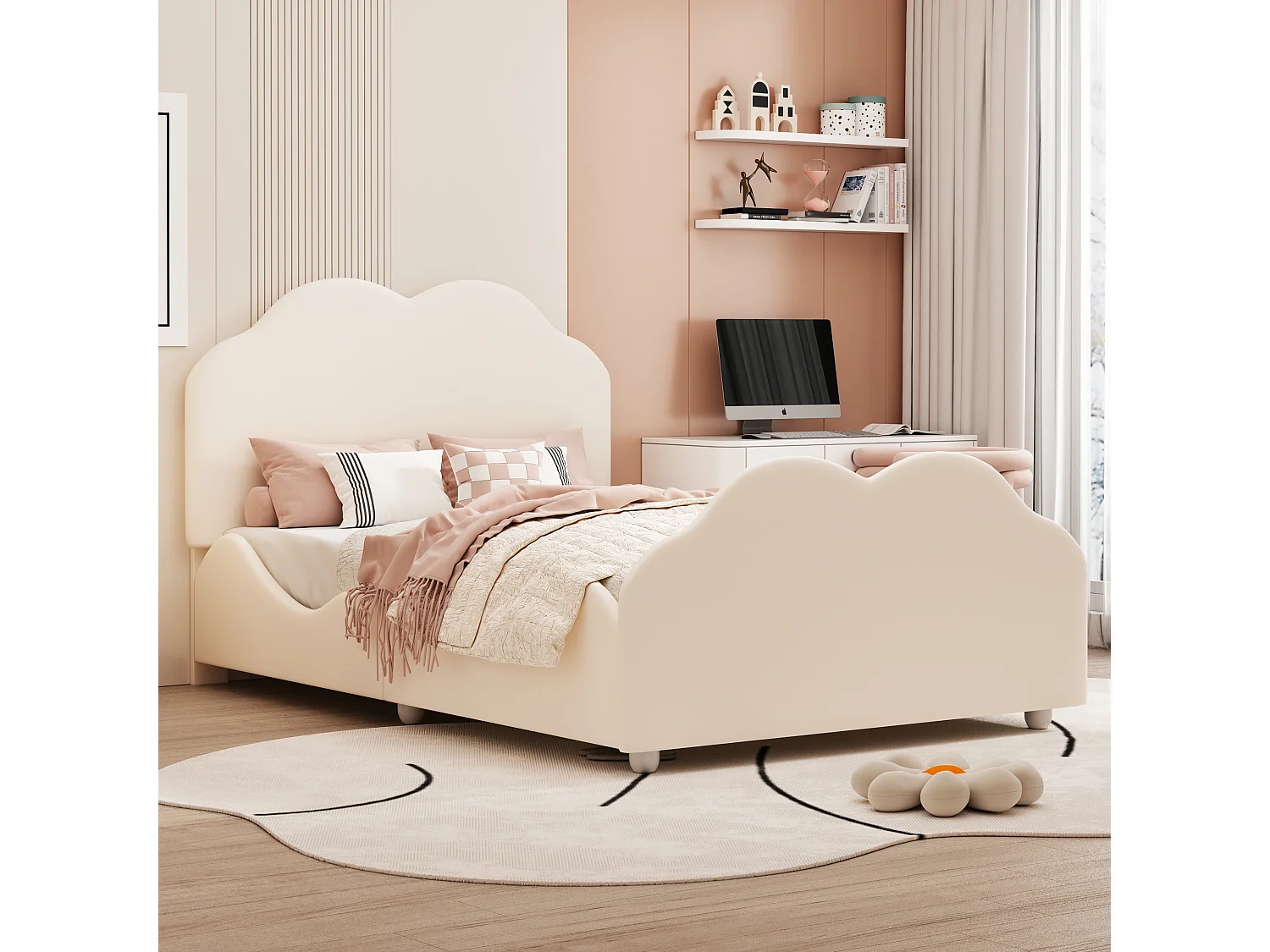 Lit rembourré 90x200 cm avec barrières hautes, tête et pied nuage, velours beige, lit enfant sécurisé