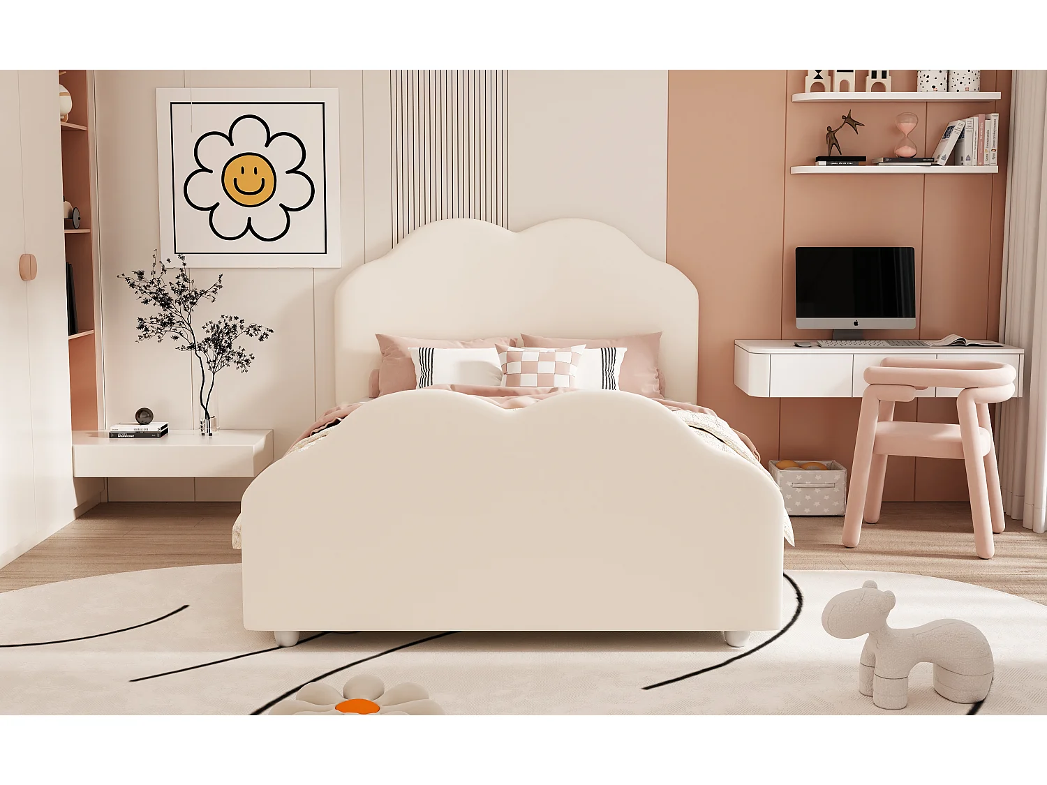 Lit rembourré 90x200 cm avec barrières hautes, tête et pied nuage, velours beige, lit enfant sécurisé