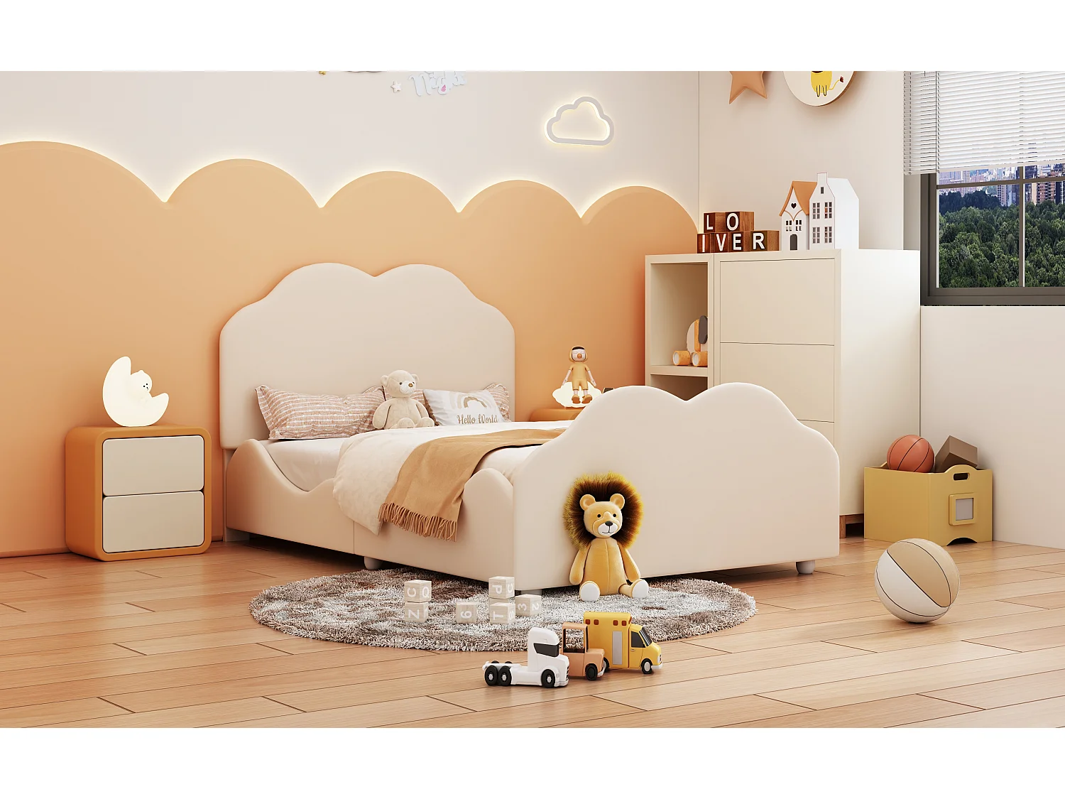 Lit rembourré 90x200 cm avec barrières hautes, tête et pied nuage, velours beige, lit enfant sécurisé