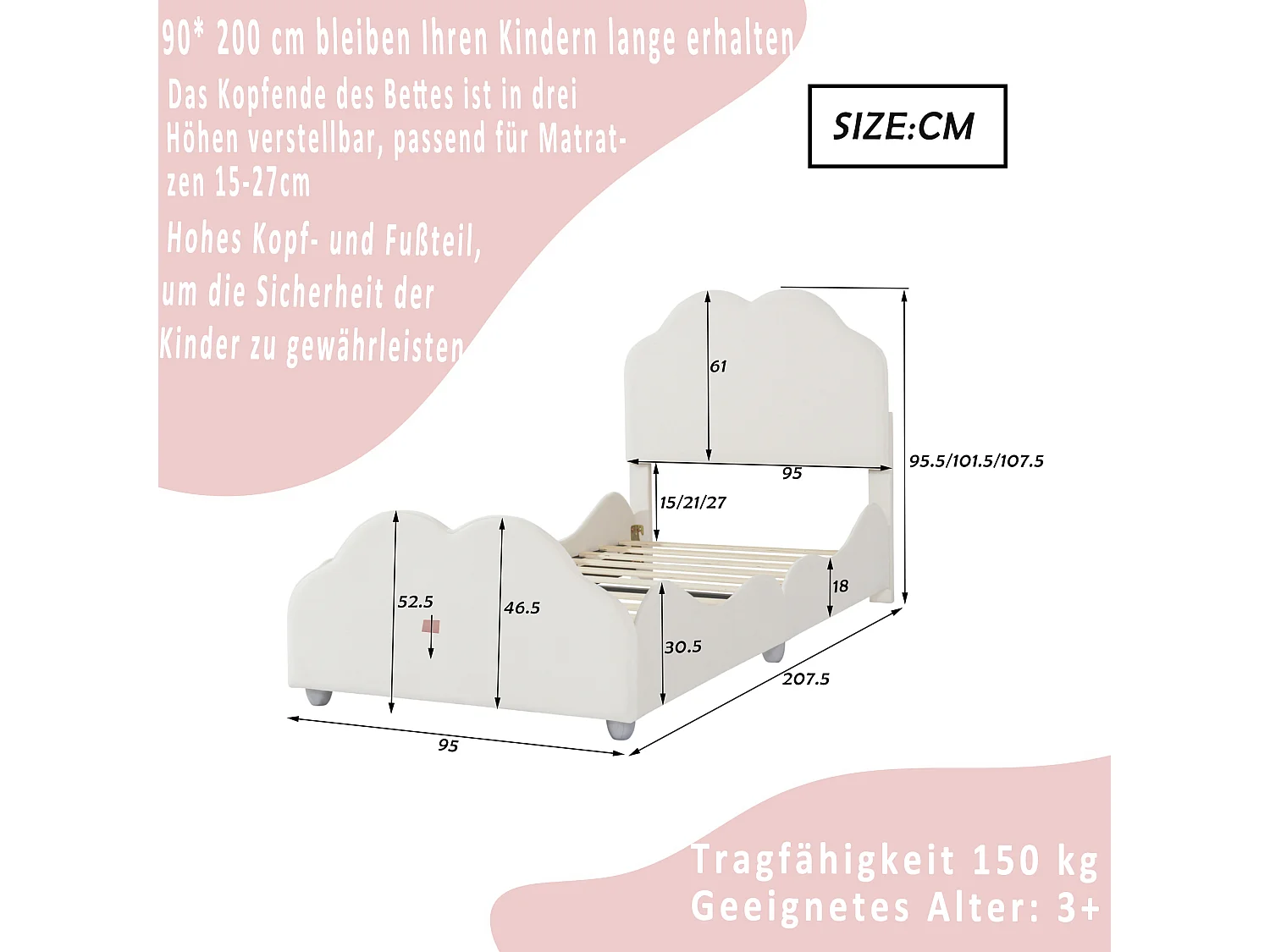 Lit rembourré 90x200 cm avec barrières hautes, tête et pied nuage, velours beige, lit enfant sécurisé