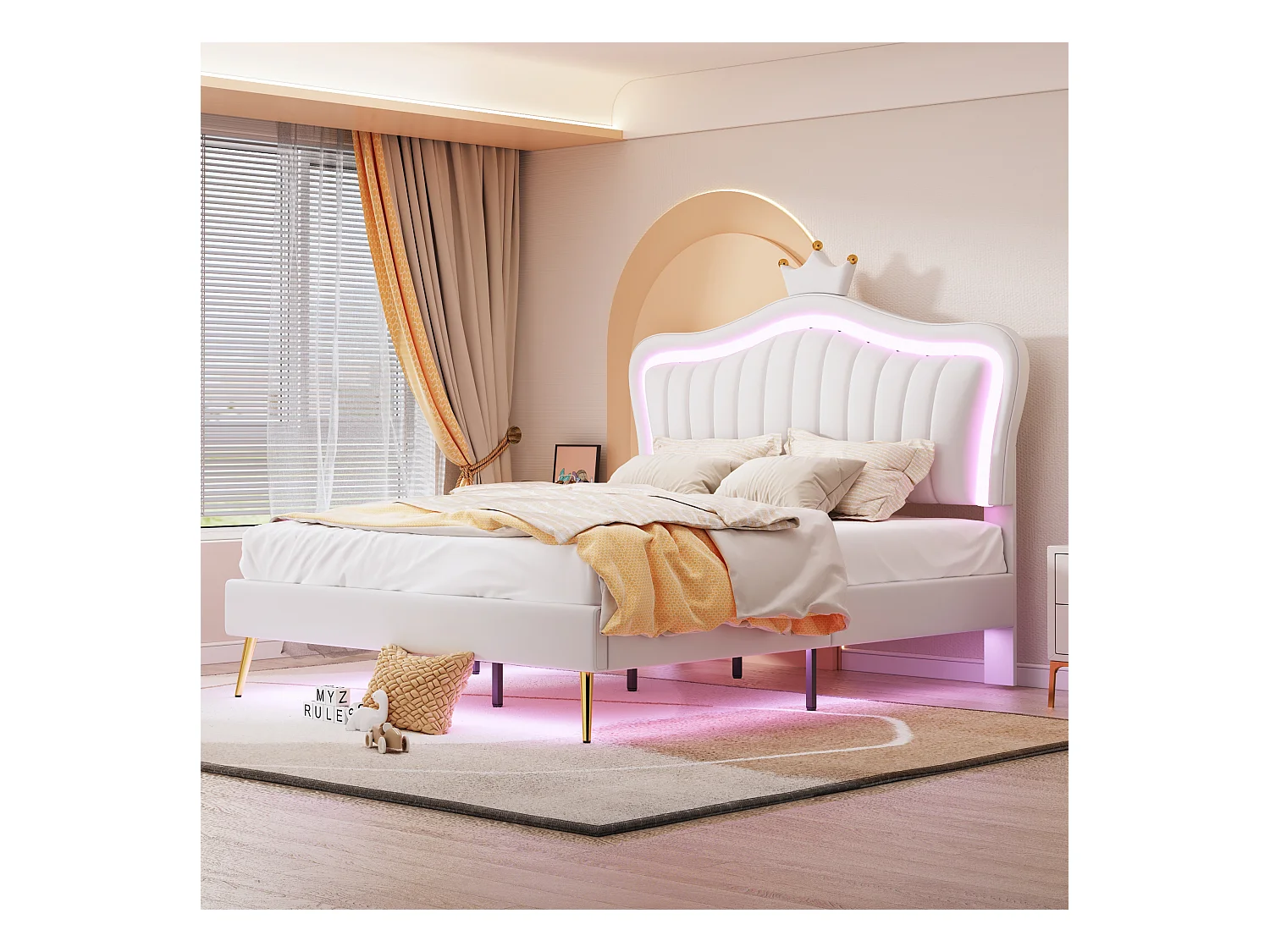 Lit rembourré 140x200 cm pour fille, lit couronne blanc en PU cuir avec LED, sommier et tête, matelas non inclus