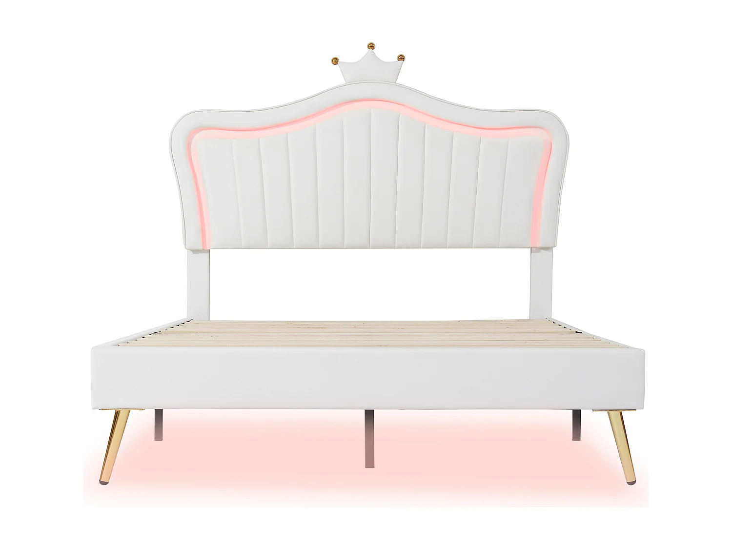 Lit rembourré 140x200 cm pour fille, lit couronne blanc en PU cuir avec LED, sommier et tête, matelas non inclus