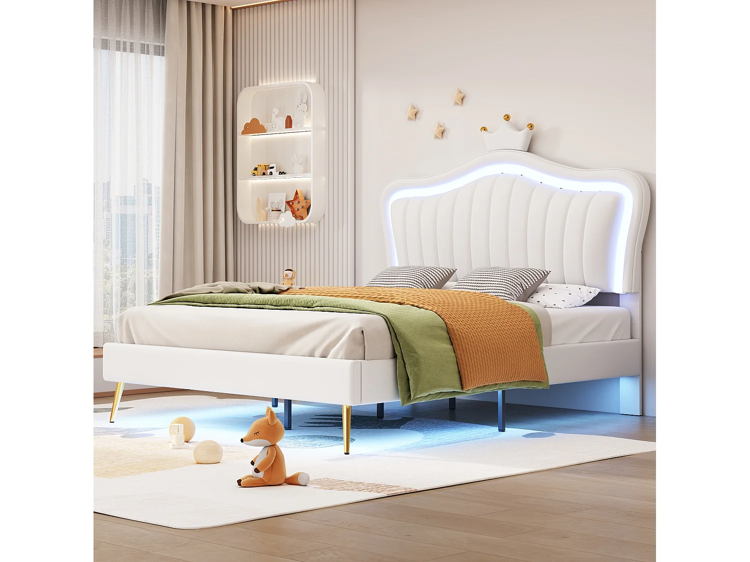 Lit rembourré 140x200 cm pour fille, lit couronne blanc en PU cuir avec LED, sommier et tête, matelas non inclus