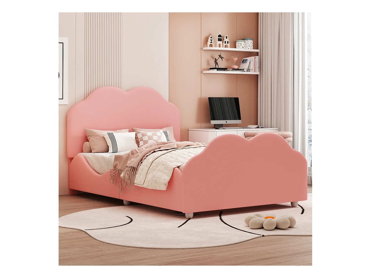 Lit rembourré 90x200 cm avec barrières hautes, tête et pied nuage, velours rose, lit enfant sécurisé