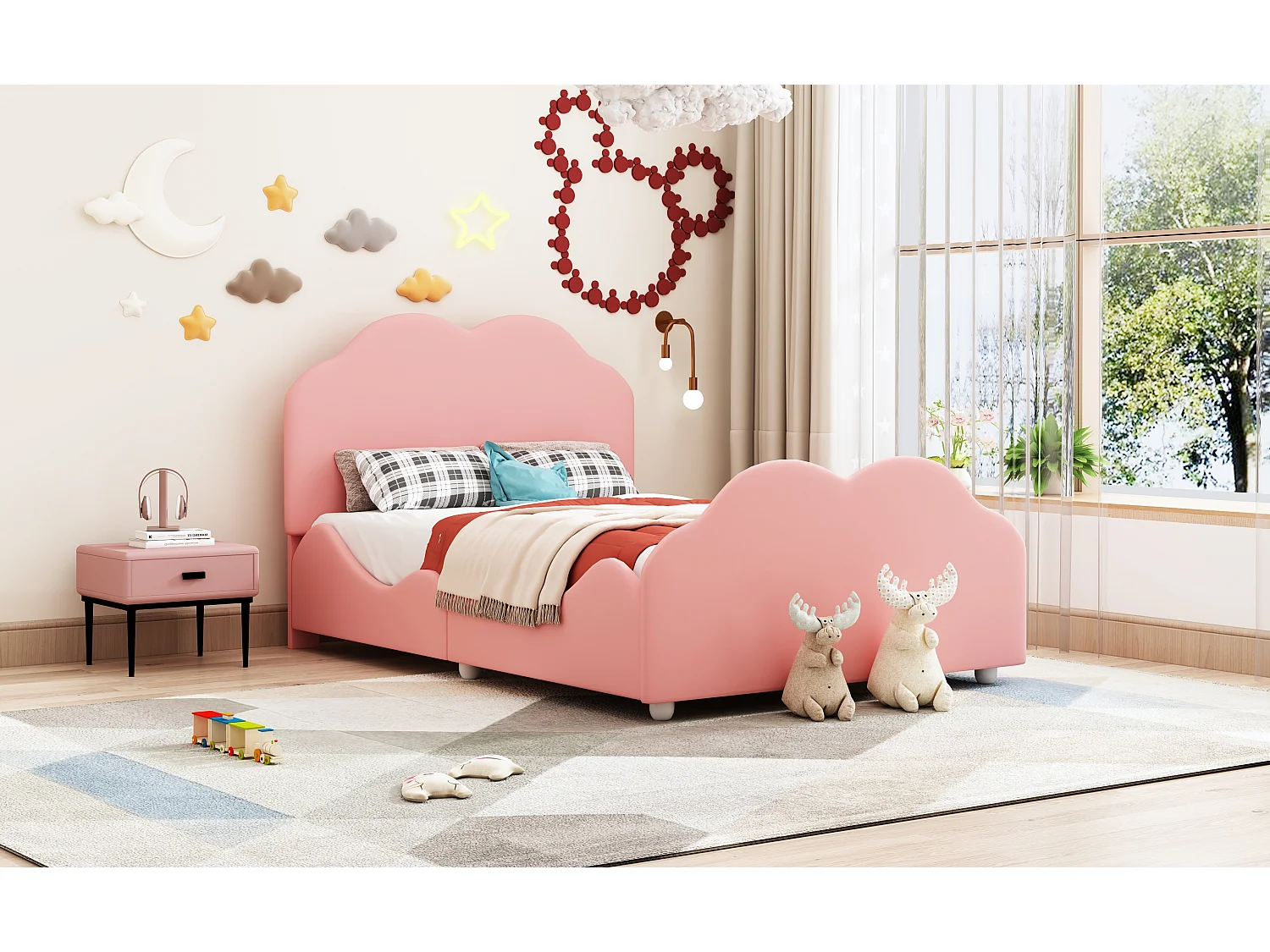 Lit rembourré 90x200 cm avec barrières hautes, tête et pied nuage, velours rose, lit enfant sécurisé