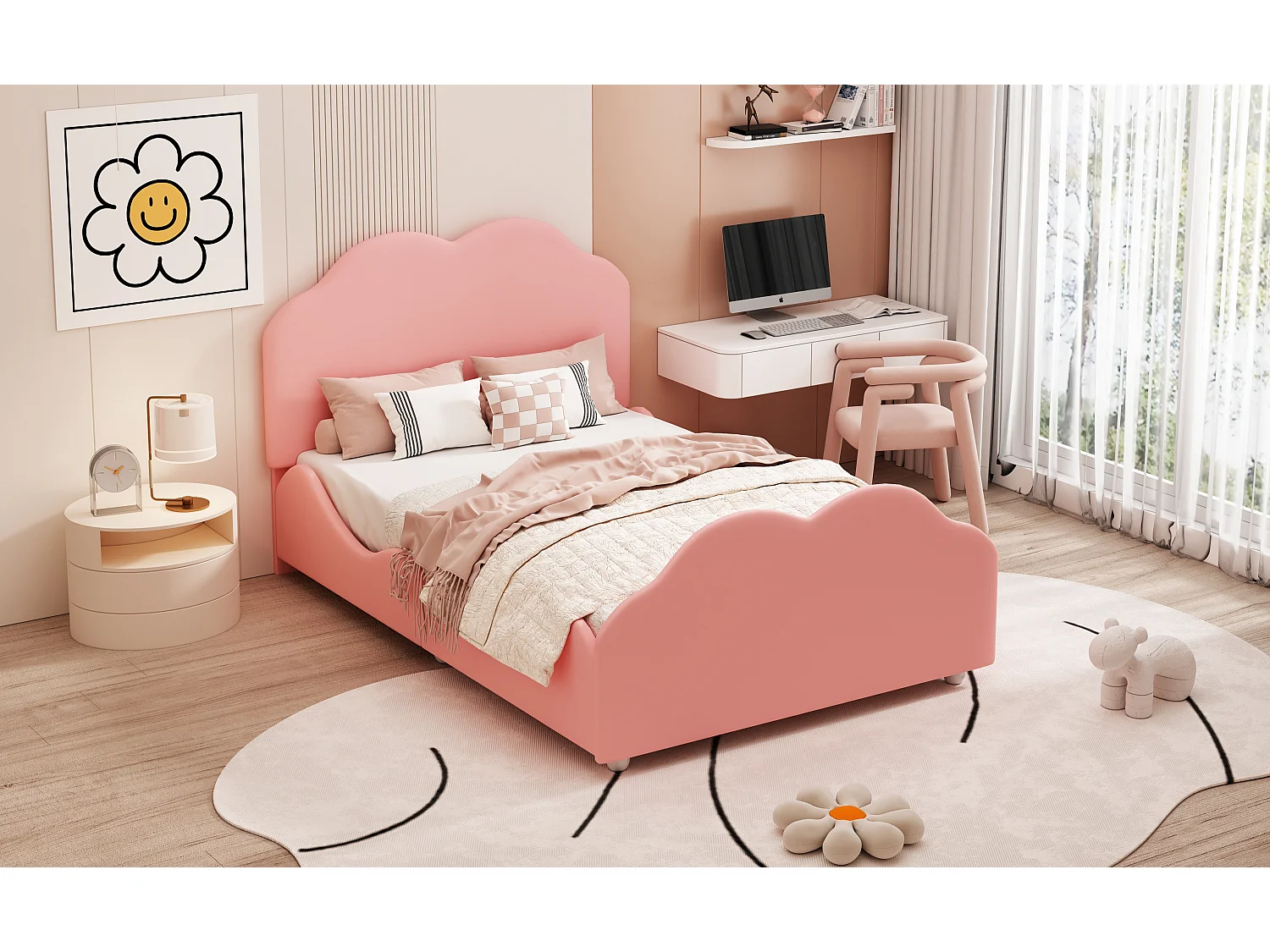 Lit rembourré 90x200 cm avec barrières hautes, tête et pied nuage, velours rose, lit enfant sécurisé