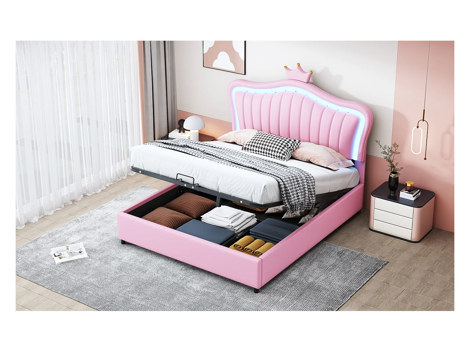 Lit enfant rembourré 140x200 cm, lit fille couronne rose avec rangement hydraulique, PU cuir, LED et sommier