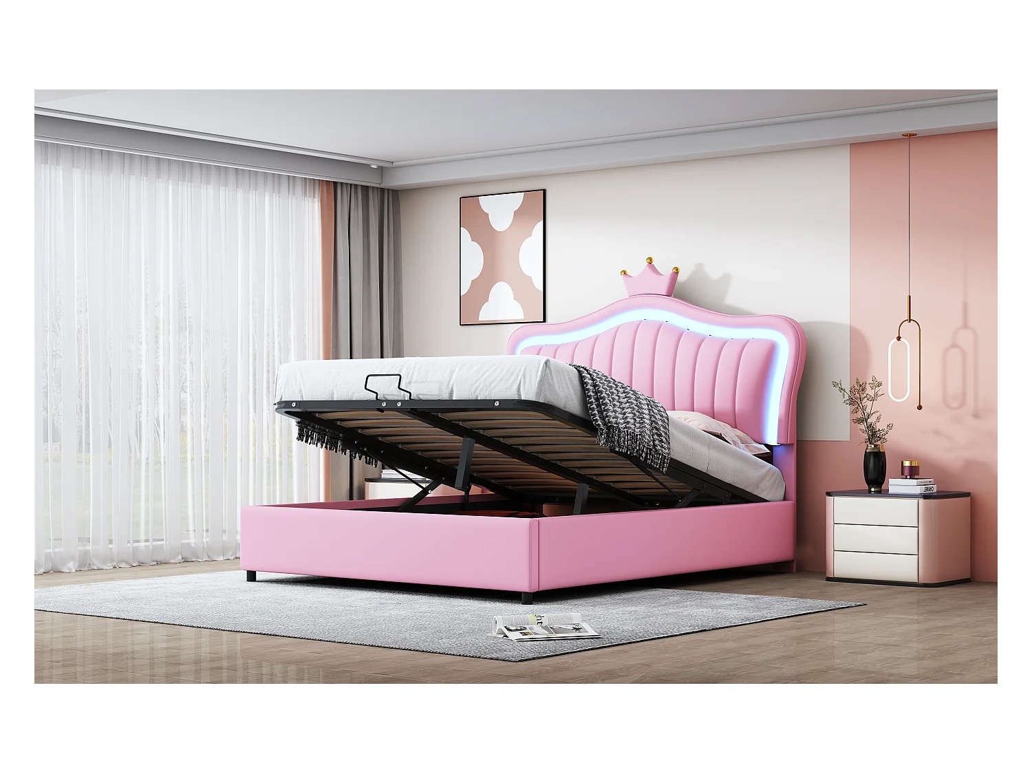 Lit enfant rembourré 140x200 cm, lit fille couronne rose avec rangement hydraulique, PU cuir, LED et sommier