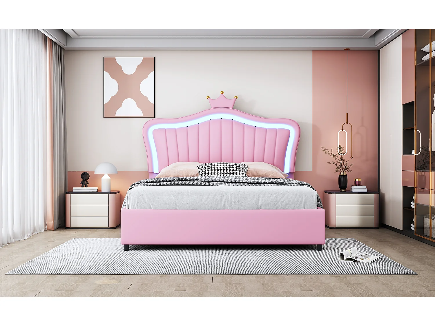 Lit enfant rembourré 140x200 cm, lit fille couronne rose avec rangement hydraulique, PU cuir, LED et sommier
