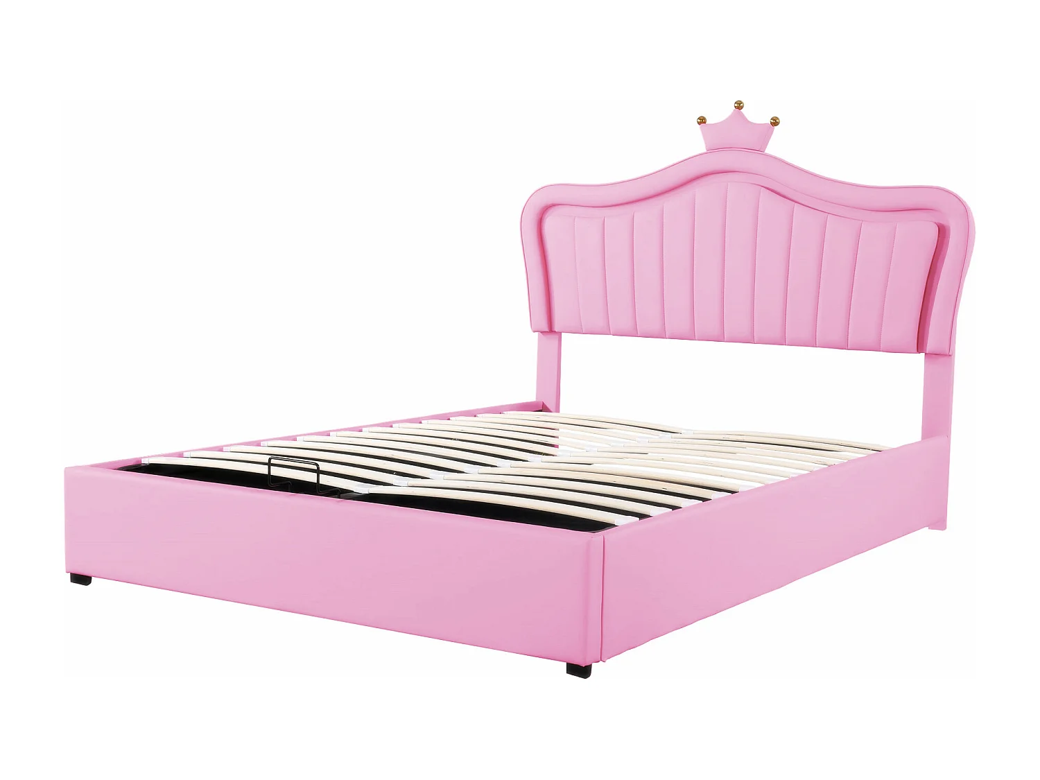 Lit enfant rembourré 140x200 cm, lit fille couronne rose avec rangement hydraulique, PU cuir, LED et sommier