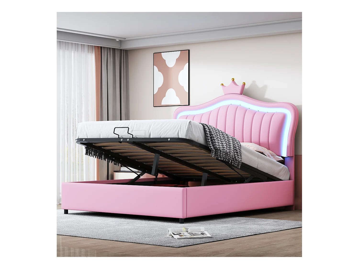 Lit enfant rembourré 140x200 cm, lit fille couronne rose avec rangement hydraulique, PU cuir, LED et sommier