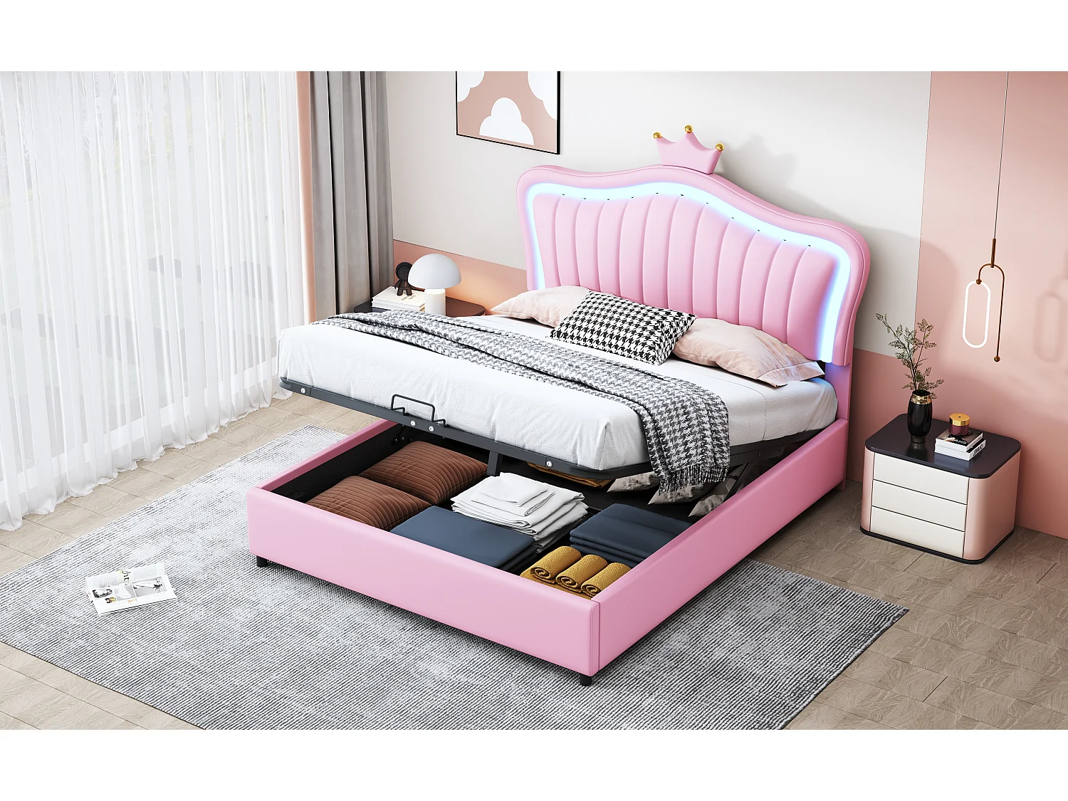 Lit enfant rembourré 140x200 cm, lit fille couronne rose avec rangement hydraulique, PU cuir, LED et sommier