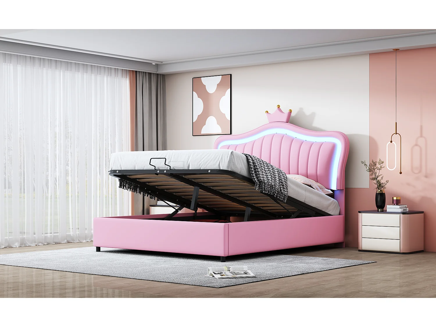 Lit enfant rembourré 140x200 cm, lit fille couronne rose avec rangement hydraulique, PU cuir, LED et sommier