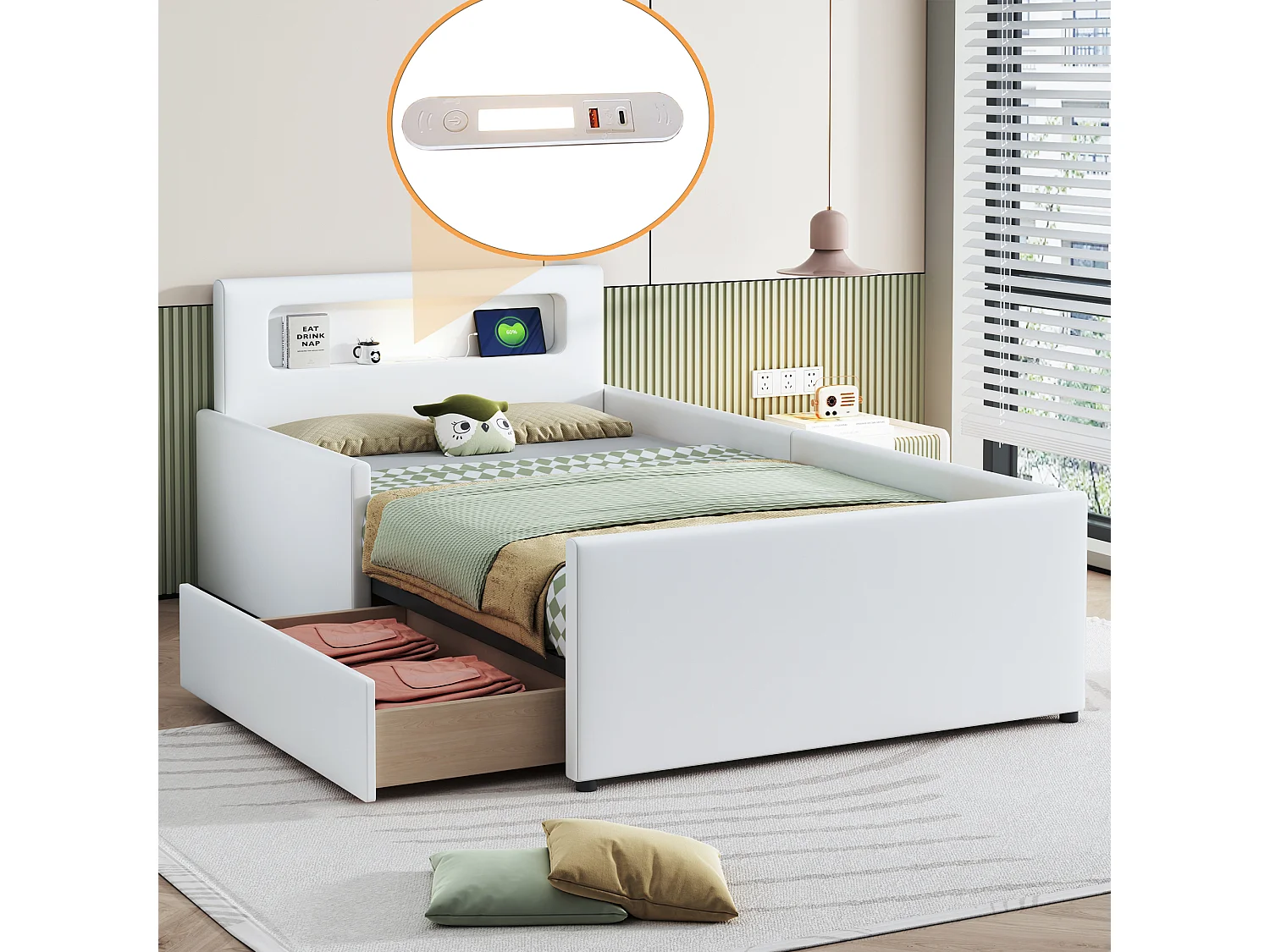 Lit enfant rembourré 90×200 cm, avec lumière nocturne et port USB, tiroirs de rangement, sécurité renforcée