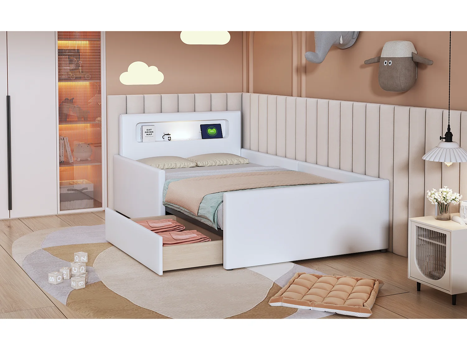 Lit enfant rembourré 90×200 cm, avec lumière nocturne et port USB, tiroirs de rangement, sécurité renforcée