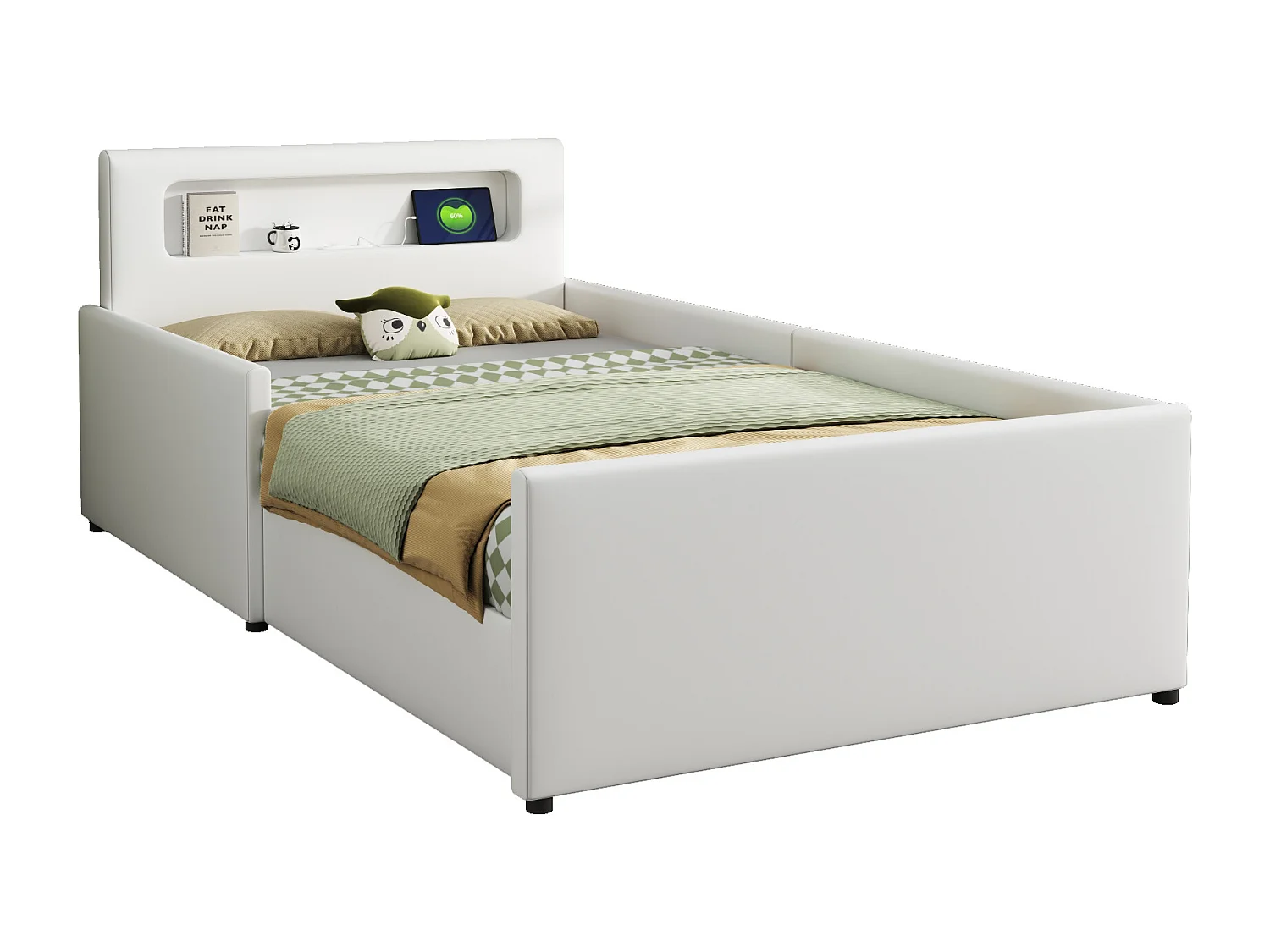 Lit enfant rembourré 90×200 cm, avec lumière nocturne et port USB, tiroirs de rangement, sécurité renforcée