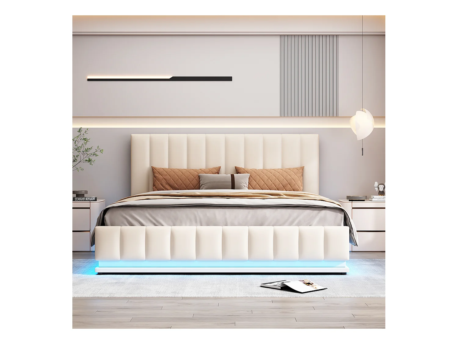 Lit rembourré 160 x 200 cm avec LED, sommier à lattes en métal et espace de rangement, tête de lit réglable en hauteur