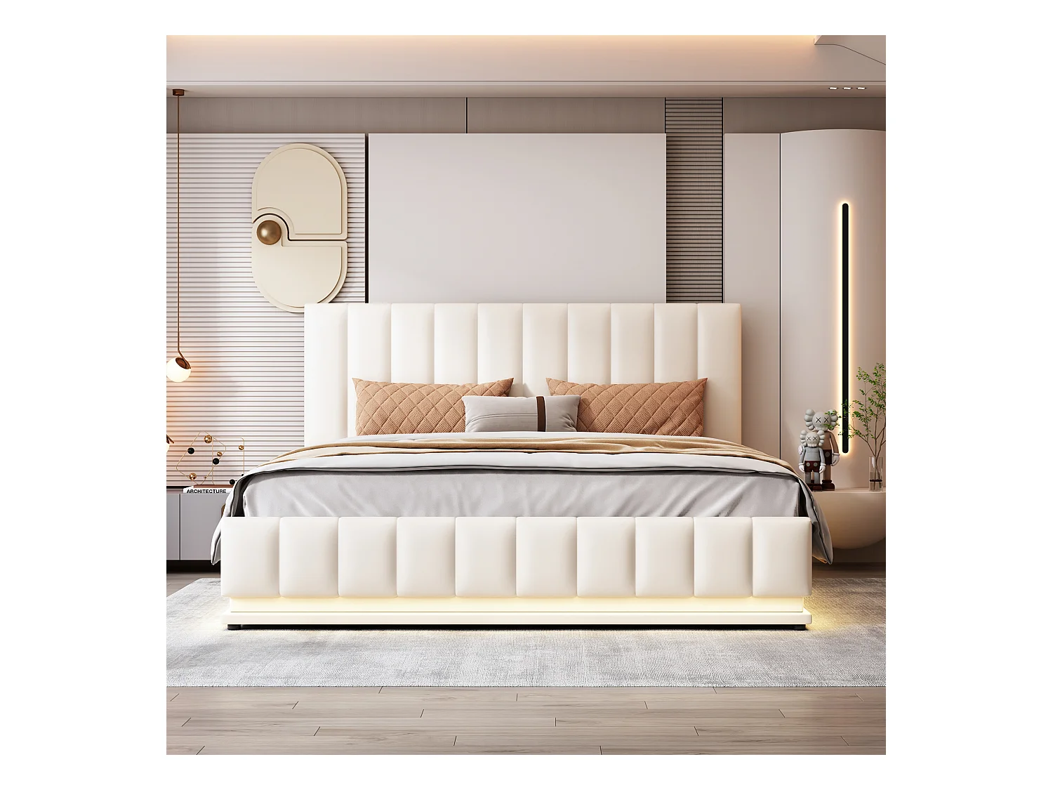 Lit rembourré 160 x 200 cm avec LED, sommier à lattes en métal et espace de rangement, tête de lit réglable en hauteur