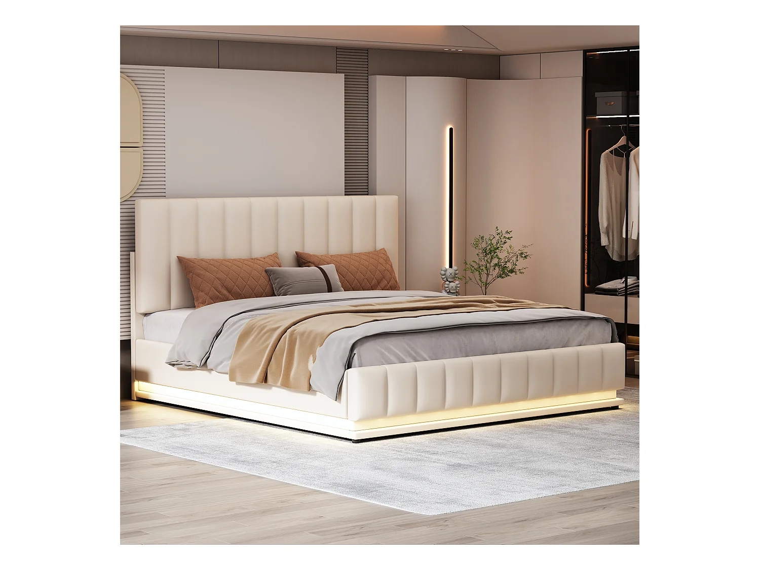 Lit rembourré 160 x 200 cm avec LED, sommier à lattes en métal et espace de rangement, tête de lit réglable en hauteur