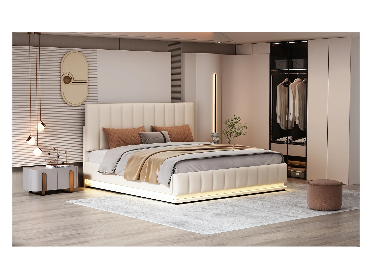 Lit rembourré 160 x 200 cm avec LED, sommier à lattes en métal et espace de rangement, tête de lit réglable en hauteur