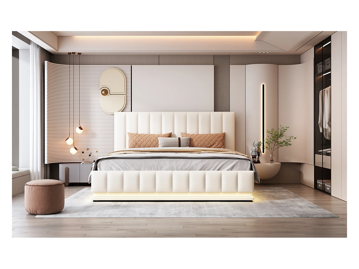 Lit rembourré 160 x 200 cm avec LED, sommier à lattes en métal et espace de rangement, tête de lit réglable en hauteur