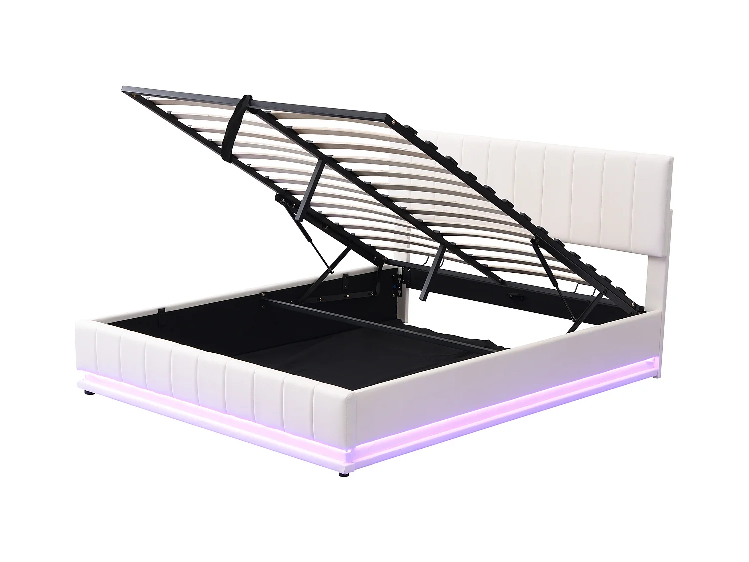 Lit rembourré 160 x 200 cm avec LED, sommier à lattes en métal et espace de rangement, tête de lit réglable en hauteur