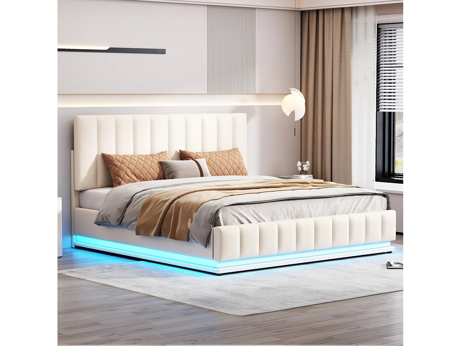 Lit rembourré 160 x 200 cm avec LED, sommier à lattes en métal et espace de rangement, tête de lit réglable en hauteur