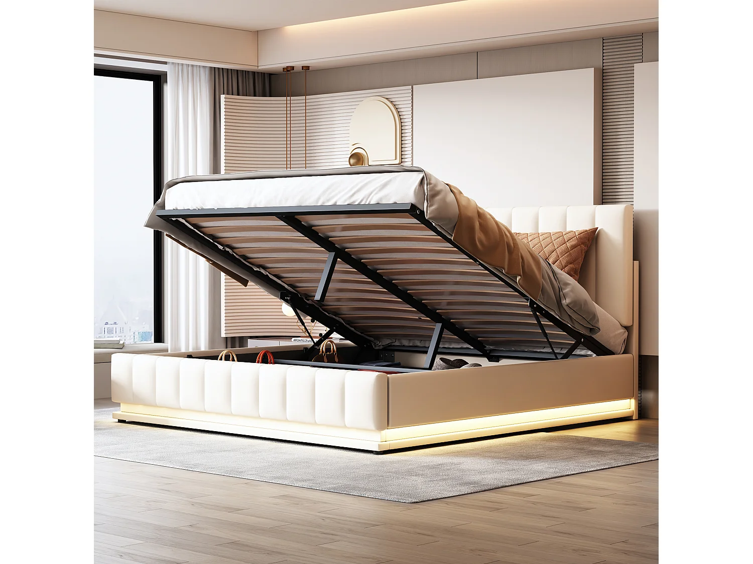 Lit rembourré 160 x 200 cm avec LED, sommier à lattes en métal et espace de rangement, tête de lit réglable en hauteur