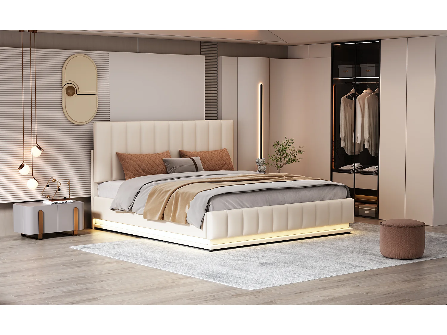 Lit rembourré 160 x 200 cm avec LED, sommier à lattes en métal et espace de rangement, tête de lit réglable en hauteur