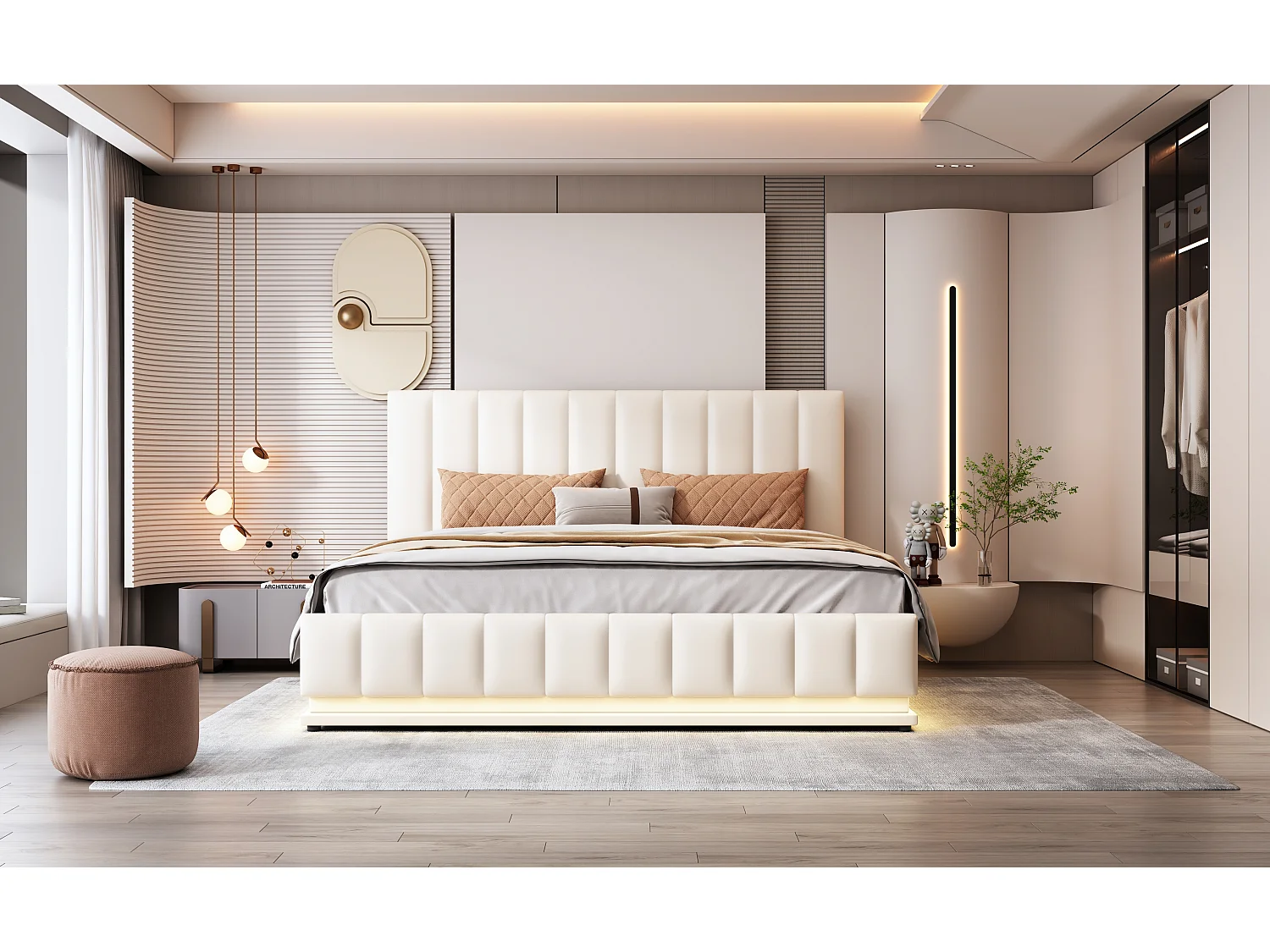 Lit rembourré 160 x 200 cm avec LED, sommier à lattes en métal et espace de rangement, tête de lit réglable en hauteur