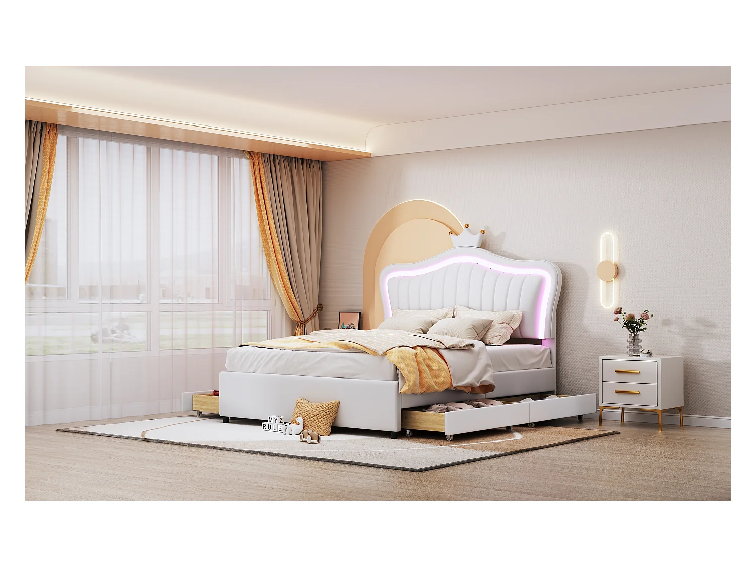 Lit enfant rembourré 140x200 cm, lit fille couronne blanche, PU cuir, tiroirs, LED et sommier inclus