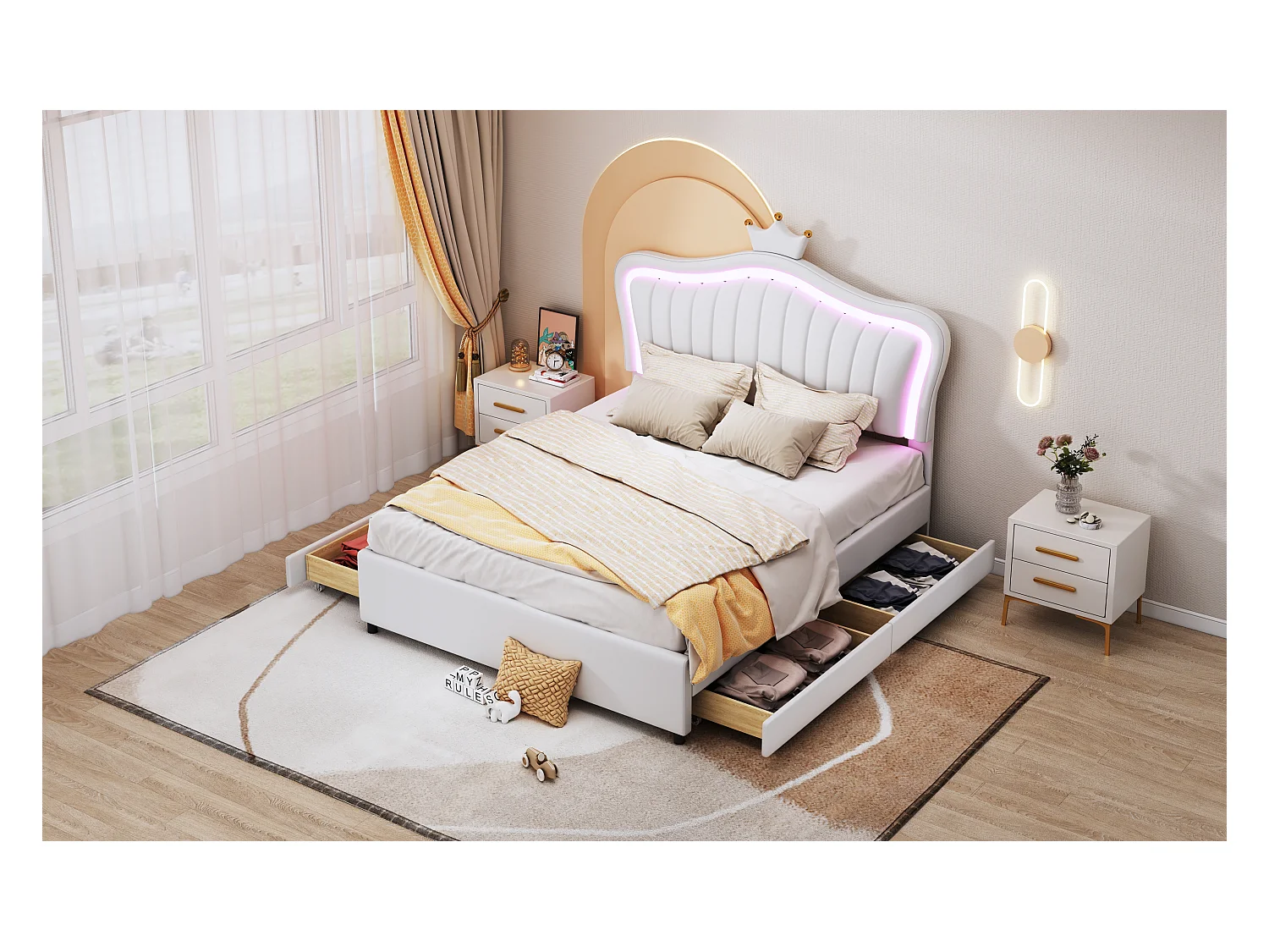 Lit enfant rembourré 140x200 cm, lit fille couronne blanche, PU cuir, tiroirs, LED et sommier inclus