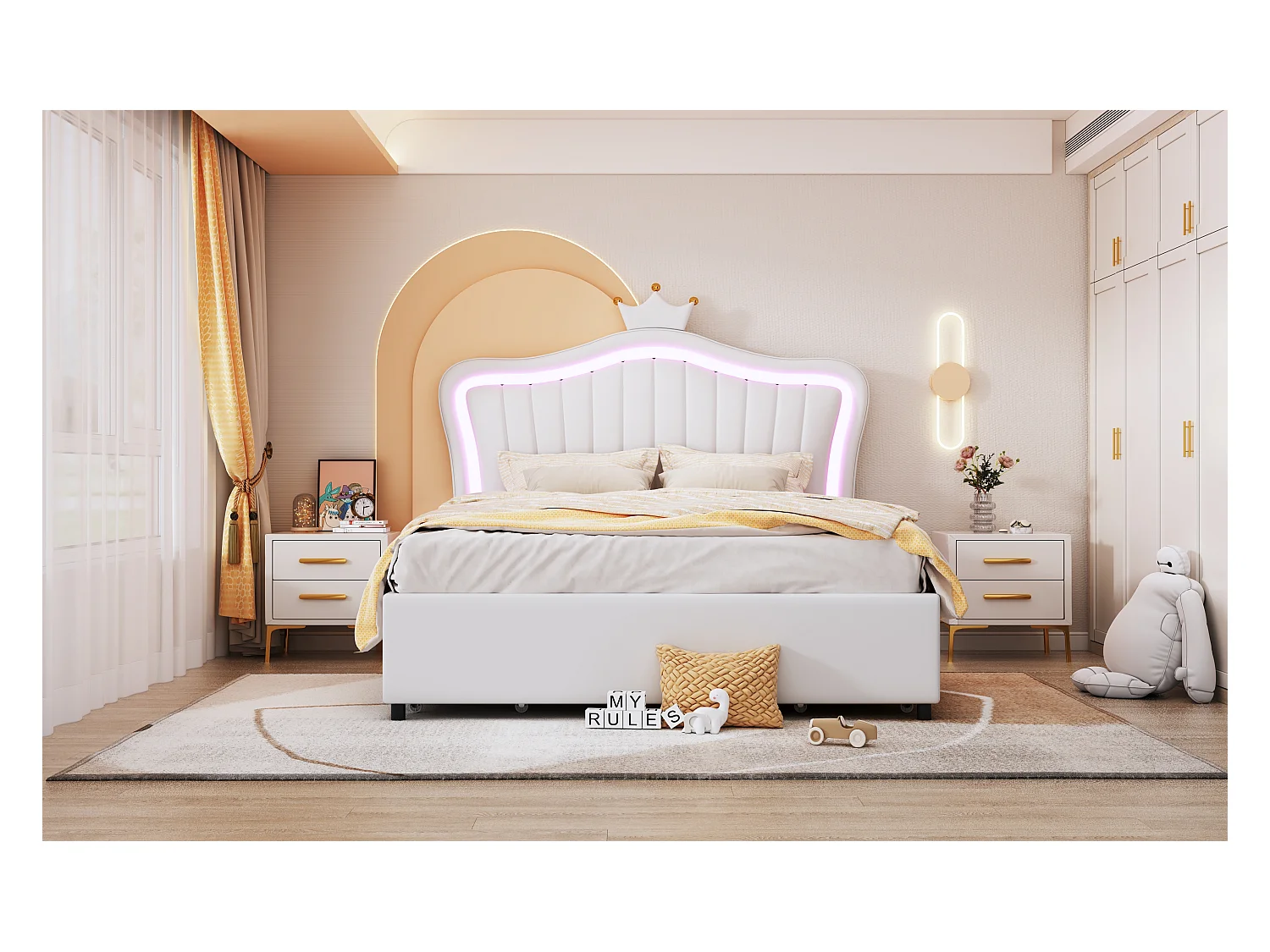 Lit enfant rembourré 140x200 cm, lit fille couronne blanche, PU cuir, tiroirs, LED et sommier inclus