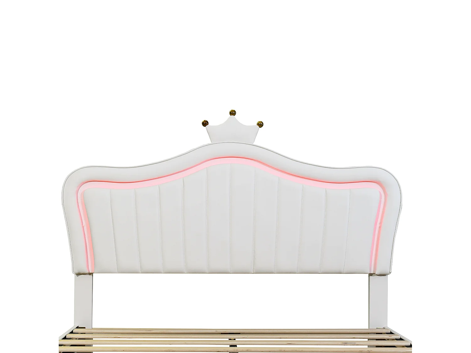 Lit enfant rembourré 140x200 cm, lit fille couronne blanche, PU cuir, tiroirs, LED et sommier inclus