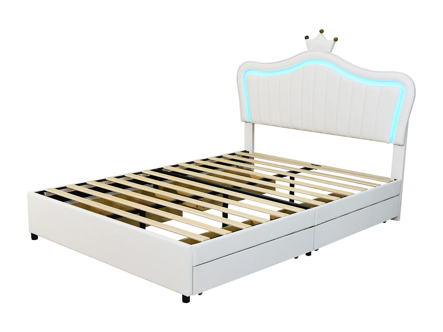 Lit enfant rembourré 140x200 cm, lit fille couronne blanche, PU cuir, tiroirs, LED et sommier inclus