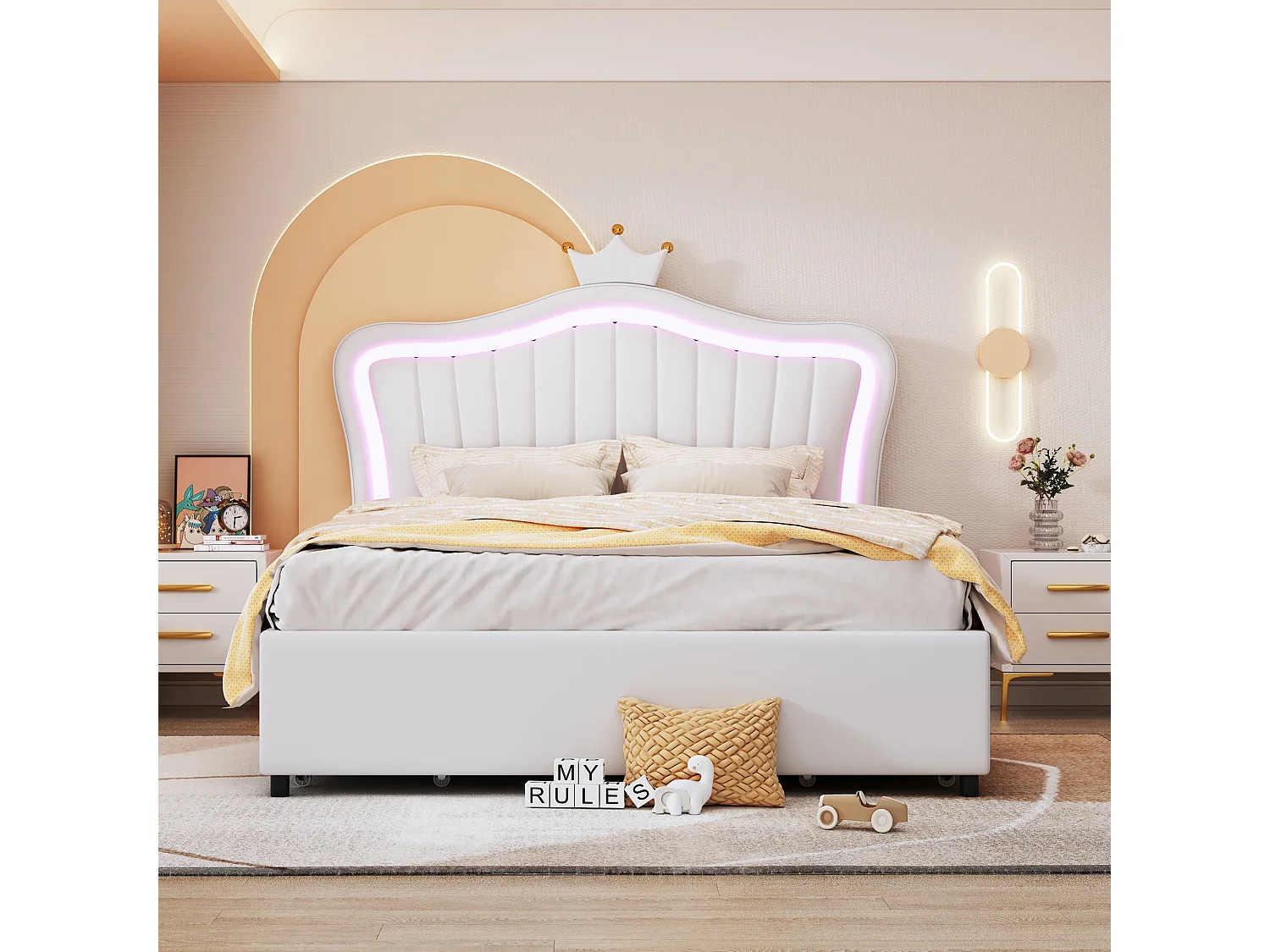 Lit enfant rembourré 140x200 cm, lit fille couronne blanche, PU cuir, tiroirs, LED et sommier inclus