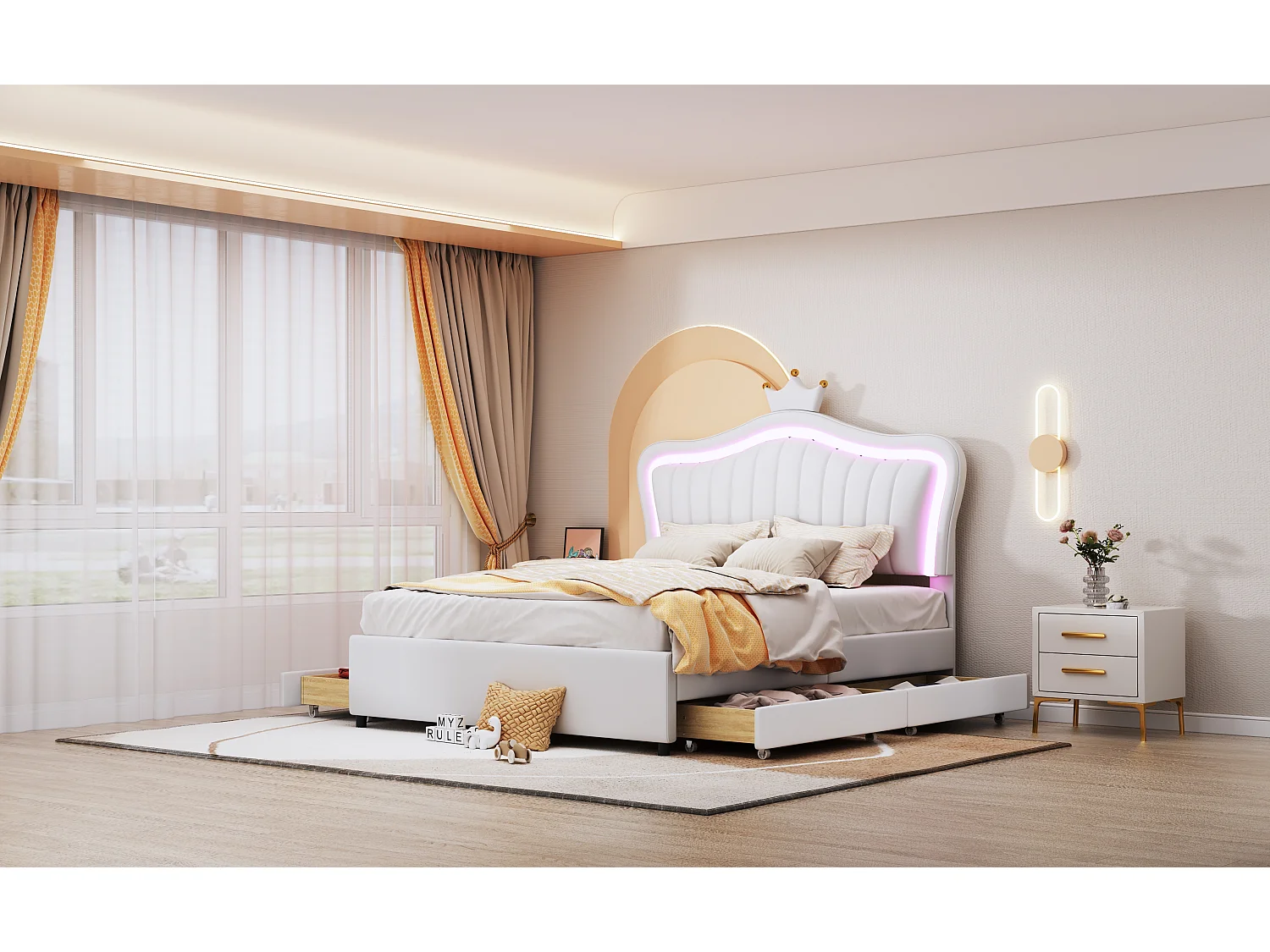 Lit enfant rembourré 140x200 cm, lit fille couronne blanche, PU cuir, tiroirs, LED et sommier inclus