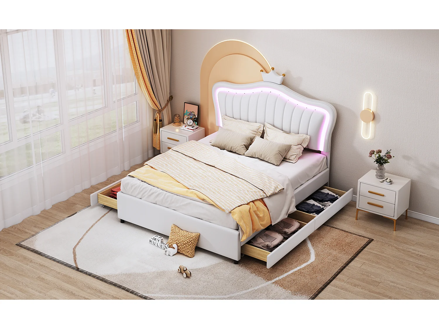 Lit enfant rembourré 140x200 cm, lit fille couronne blanche, PU cuir, tiroirs, LED et sommier inclus