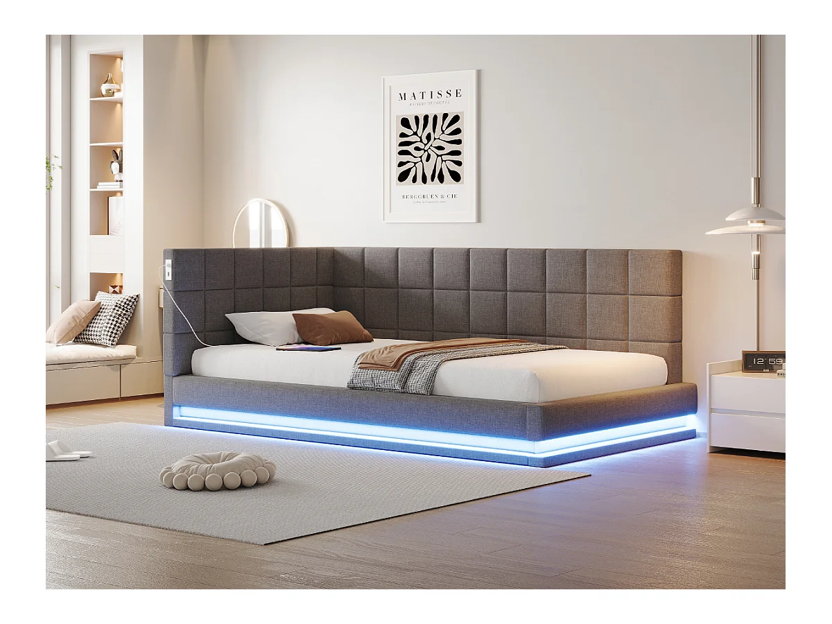 Lit de relaxation 90×200 cm en lin gris avec échelle, barrière de sécurité, éclairage LED et prise USB