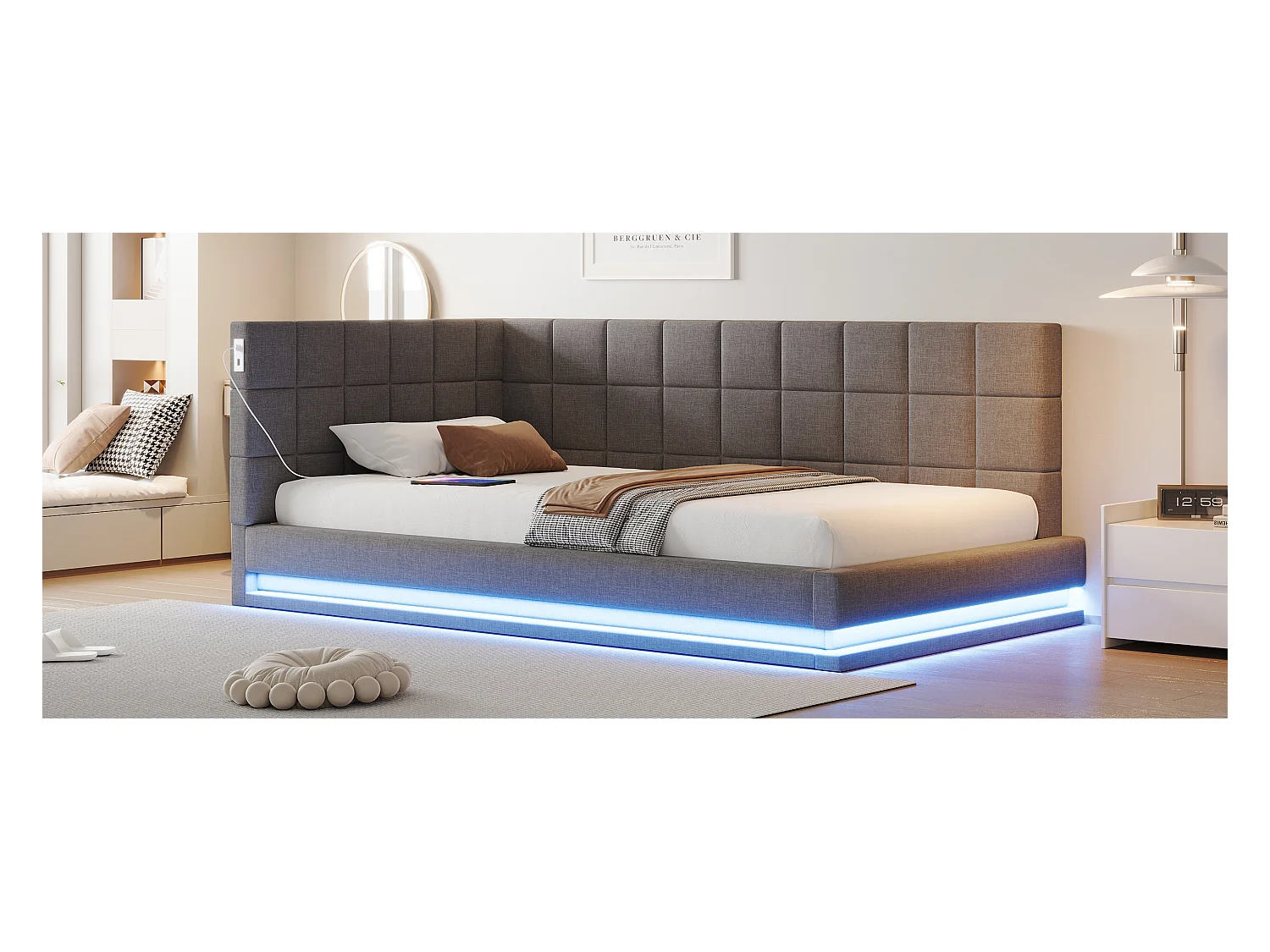 Lit de relaxation 90×200 cm en lin gris avec échelle, barrière de sécurité, éclairage LED et prise USB